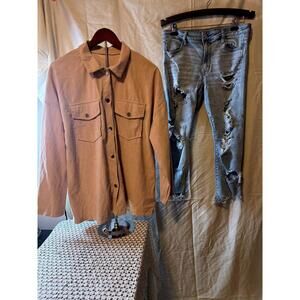 American Eagle Skinny Jeans Size 14 & Dusty Rose Button Up Oversized Top Large